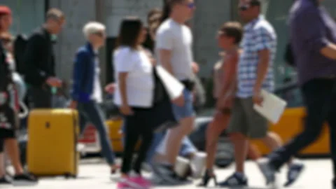 Side view blurry pedestrians walking. Stock Footage 98304330