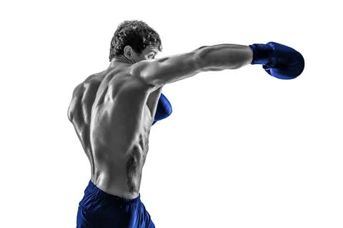 Side view of boxer in blue gloves who practicing swing on white background Stock Photos