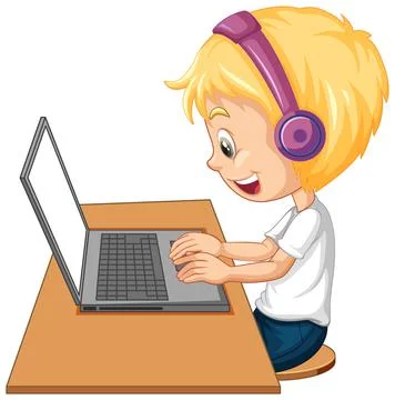 Side view of a boy with laptop on the table on white background Stock Illustration