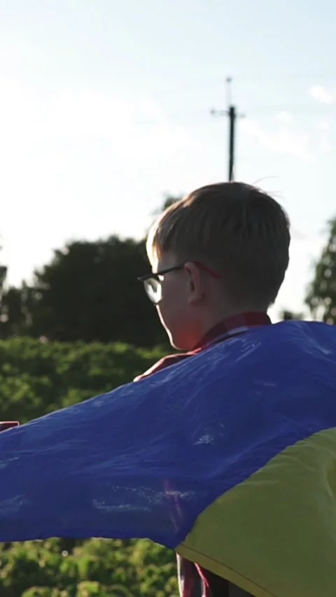 Side view of a boy with Ukrainian flag wrapped around shoulders at sunset Vídeos de archivo 337710842
