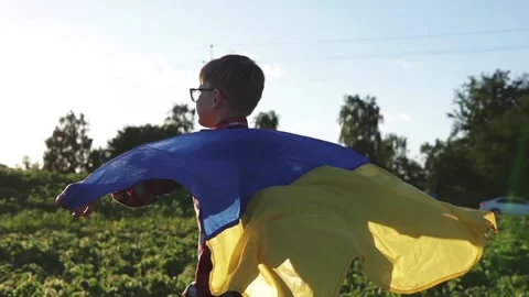 Side view of a boy with Ukrainian flag wrapped around shoulders at sunset Vídeos de archivo 341483859