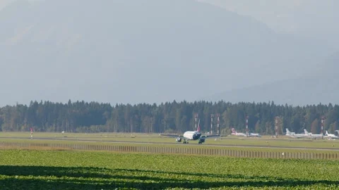 Side view of Brussels Airlines airplane landing at Ljubljana Airport Stock Footage 164021376