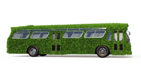 Side View of the Bus is Overgrown with Green Grass. Eco-Friendly Urban Transp 스톡 일러스트