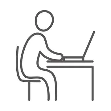 Side view businessman working with computer, business work office, line icon Stock Illustration