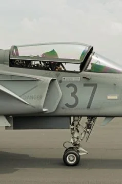 Side view of canopy, cockpit and landing gear of military jet airplane Foto stock