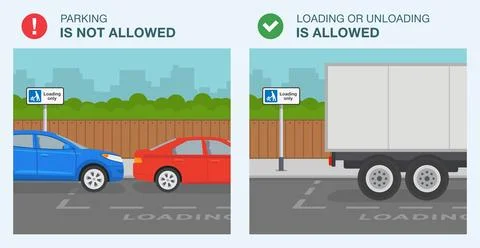 Side view of a cars parked at "loading only" sign area. Stock Illustration