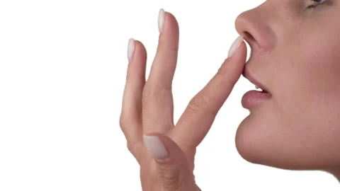 Side view of a caucasian woman's face, running her finger down her nose, lips, Stock Footage 158001558