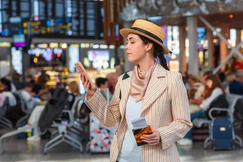 Side view of Caucasian young elegant woman in straw hat holds passport and .. Stock Photos