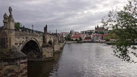 Side View of Charles Bridge and Prague Castle on Cloudy Day – 1 July 2025 Stock Footage 312574764