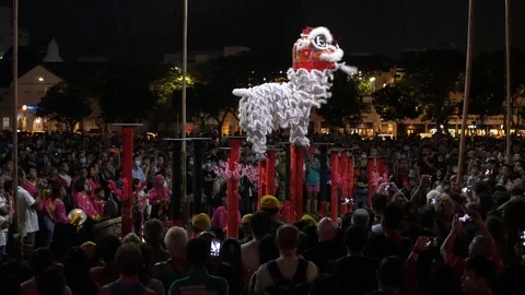 Side view of chinese lion dance distribute orange to crowds. Vídeo Stock 129413778