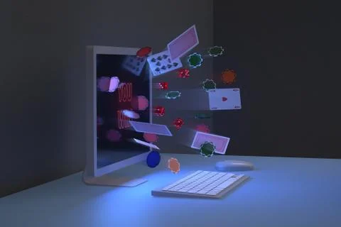 Side view of chips, cards, and dice coming out of a computer monitor. Online Ilustración de archivo