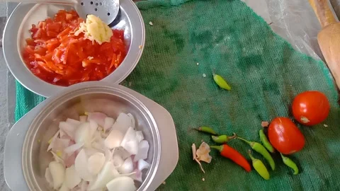 Side View of Chopped Onion and Tomatoes Video stock 346990254