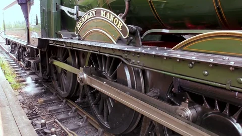 Side view classic green steam engine Stock Footage 80317478