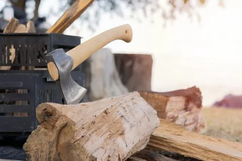 Side view close up of axe sticks out of a wooden stump at high mountain fores Stock Photos
