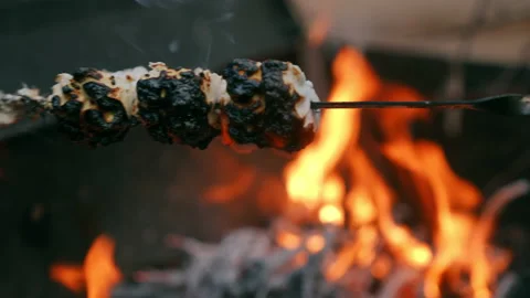Side view closeup barbecue grill with marshmallow burning on skewer Stock Footage 237519820