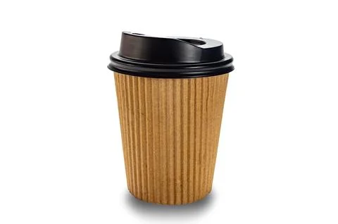 Side view closeup empty single brown corrugated paper coffee cup with black lid. Stock Photos