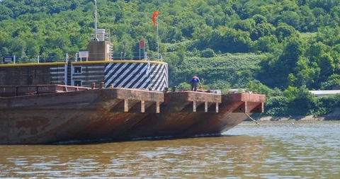 Side View of Coal Barge Exiting Lock and Dam on Ohio River Stock Footage 91053595