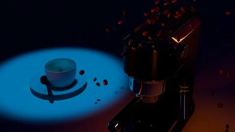 Side view coffee machine with cup on saucer and raining beans, studio setup Stock Photos