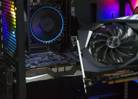 Side view of computers, computer repair, display cards Stock Photos