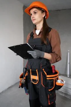 Side view of construction worker or builder with clipboard in room new buil.. Stockfoto's