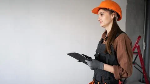 Side view of construction worker or builder with clipboard in room new buil.. Stockfoto's