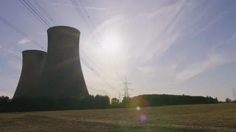 Side View Of Cooling Towers Blue Sky And Direct Sun Video stock 242515961
