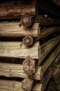 Side view on corner wall of old wooden building 스톡 사진