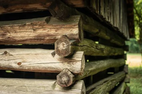 Side view on corner wall of old wooden building Stock Photos