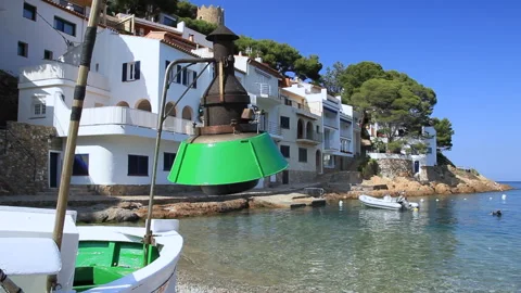 Side view of the cove of Sa Tuna with typical white houses. In the foreground, Video stock 296574557