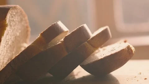 Side View of Delicious Freshly Baked Homemade White Bread with Slices on Wooden Stock Footage 301280166