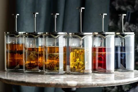 Side view on different herbal teas in french press pots with gray background Stock Photos
