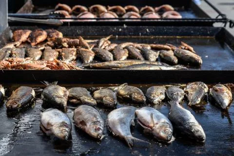 Side view of different types of fish prepared on hot hood a street food festival Stock Photos