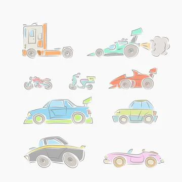 Side view of different vehicles in set Stock Illustration