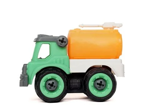 Side view of DIY plastic towing truck toy isolated on white background Stock Photos