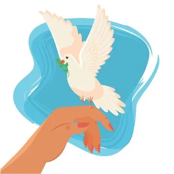 Side view dove with olive branch perched on hand Vector Stock Illustration