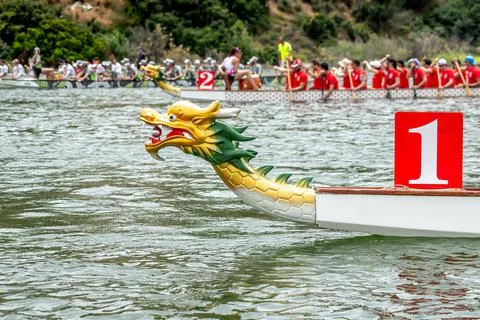 Side view of Dragon head during Dragon boat races Stock Photos