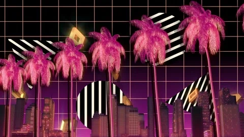 Side view driving in retro city with buildings, palm trees, and raining gold Stock Footage 263817733