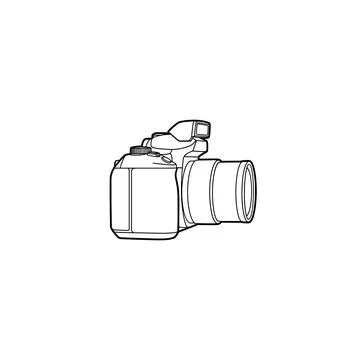 Side view dslr camera line art illustration with zoom lens Ilustração Stock