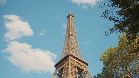 Side view of the Eiffel tower, framed by trees with dense, leafy branches. Stock Footage 313412425