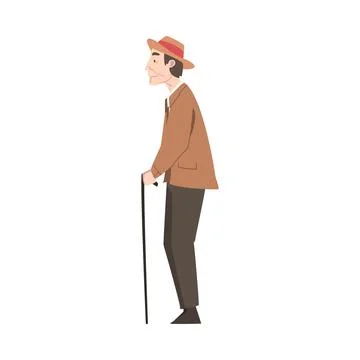 Side View of Elderly Man with Walking Cane Standing and Waiting Cartoon Style Stock Illustration