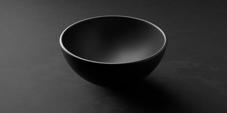Side view of empty black ceramic bowl or dish on black stone background Stock Illustration