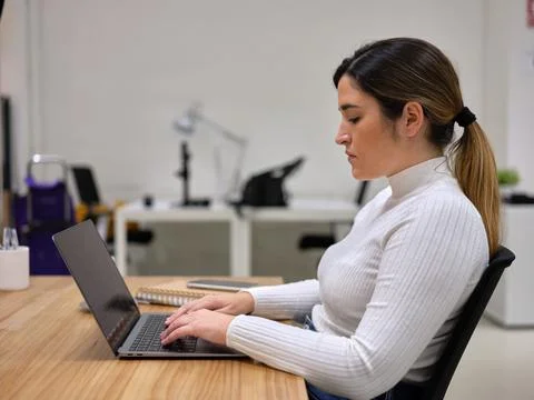Side view of an enterprising woman working with her computer on her desktop Stock Photos