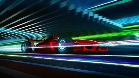 Side view fast moving motion blur red race car and driver with light trail ef Stock Photos