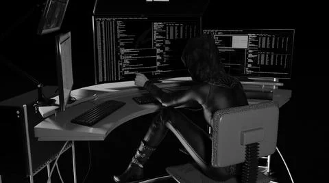 Side view of a female hacker stealing information from multiple computers Stock Illustration