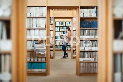 Side view of a female student reading a book in library Stock Photos