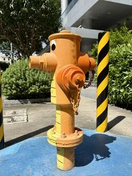 Side View of Fire Hydrant Painted as Seahorse with Safety Bollards Stock Photos