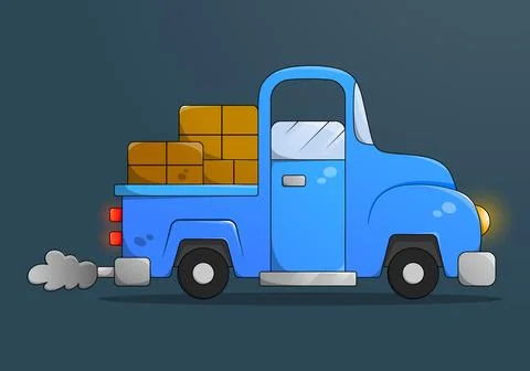 Side view flat blue cartoon pickup truck with boxes. Stock Illustration