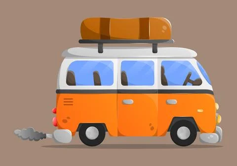 Side view flat cartoon old passenger van. Stock Illustration