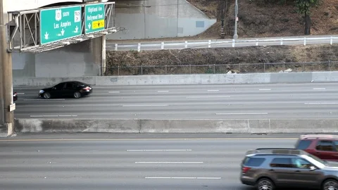 Side view of the freeway overpass in Los Angeles near the Hollywood Bowl. Stock Footage 93246866