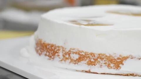 Side View of Frosted Cream Cake on Metal Turntable Stock Footage 343020832